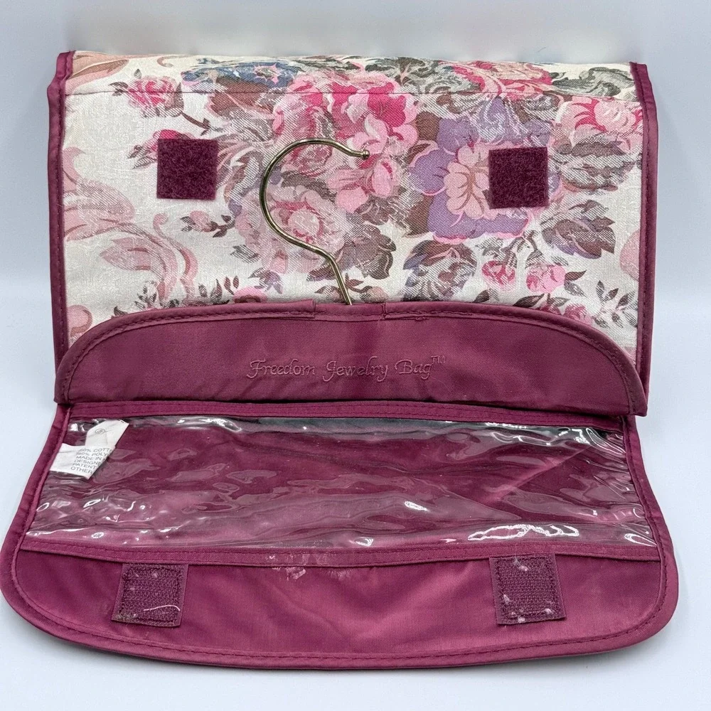 Freedom Jewelry Bag Floral Tapestry Hanging Travel Organizer Burgundy Roll Up